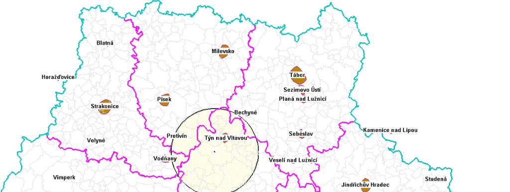 Schematická mapka modelového území (Jihočeský kraj) se