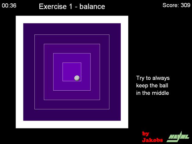 kuličku na rozhraní druhého a třetího čtverce, přičítání bodů se zastaví, dokud pacient nenakloní balanční plošinu tak, aby se kulička pohybovala opět do středu.