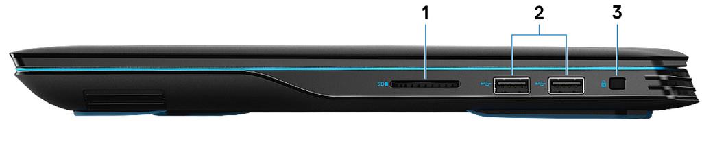 Pohledy na počítač Dell G3 3590 2 Vpravo 1 Slot karty SD Slouží ke čtení z karty SD a zápisu na ni. 2 Porty USB 2.