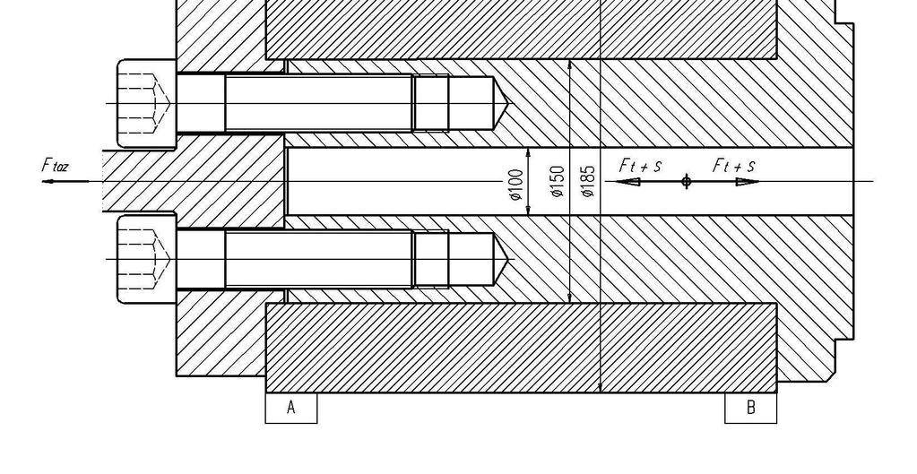 Na schématickém znázornění protahovacího trnu obr. 2.13, který je zatížen vnější tažnou silou (F taz ) jsou vyznačeny body A, B, ve kterých je proveden výpočet rozložení vnitřních sil.