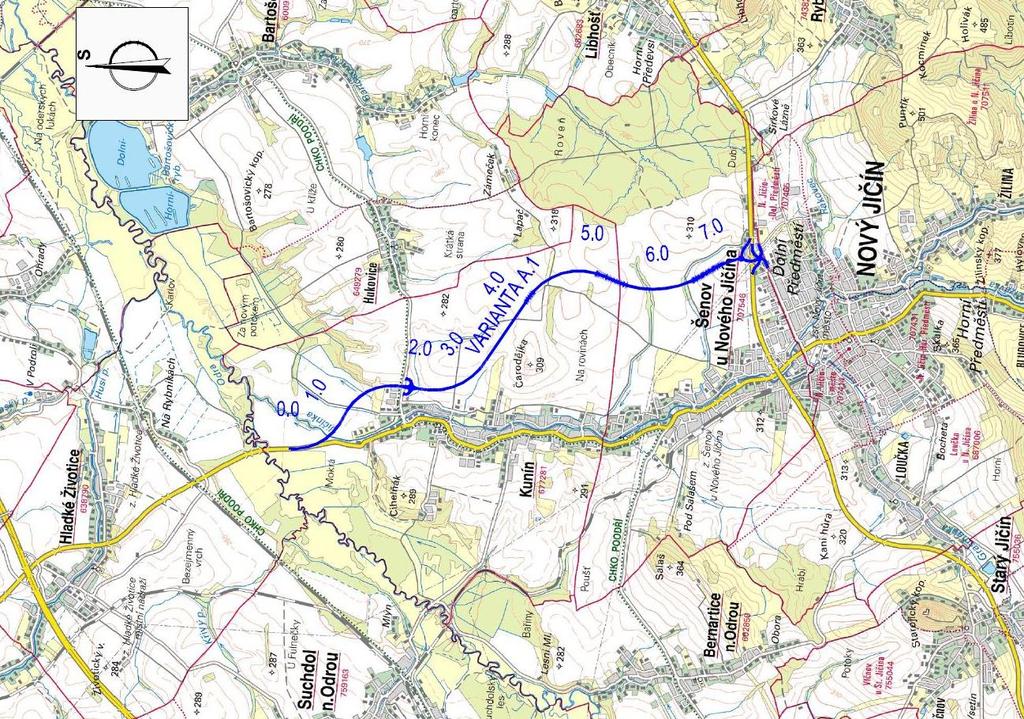 Obr. 1 Trasa přeložky silnice I/56 na podkladu základní mapy 3. STANOVENÍ ZÁJMOVÉ OBLASTI Trasa přeložky silnice I/57 začíná severně od zastavěného území obce Kunín.