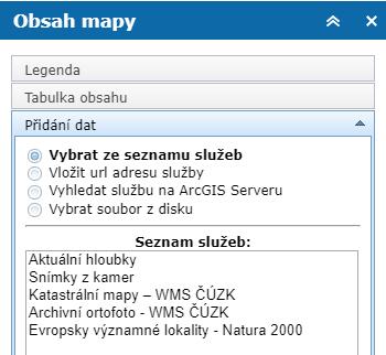 Jedním ze způsobů, jak přidat konkrétní mapovou službu do obsahu mapy, je možnost přidání předdefinovaných mapových služeb ze seznamu Vybrat ze seznamu služeb.