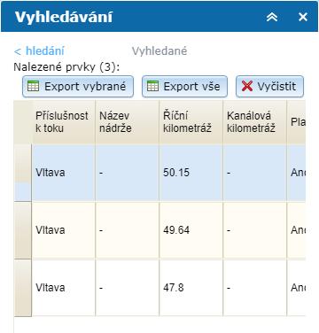 Vybráním objektu v tabulce záznamů pomocí myši dojde k označení objektu špendlíkem. Je-li zatržena možnost Přibližovat resp. Posouvat, dojde po vybrání prvku v tabulce k automatickému přiblížení resp.