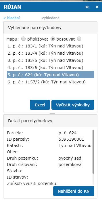 Vyhledané záznamy se zobrazí ve výsledcích na další straně okna nástroje. Kliknutím na jeden z vyhledaných záznamů se zobrazí podrobné informace k parcele nebo budově.