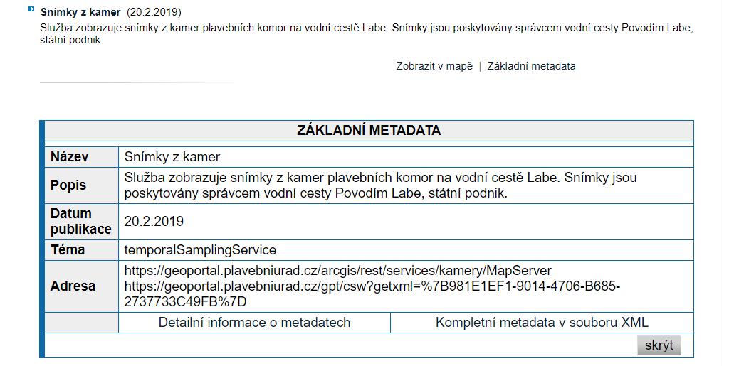 3 :: Mapové služby Jedním z účelů Geoportálu je poskytnout informace o datových zdrojích, které má Státní plavební správa. Tyto informace jsou v Geoportálu zobrazeny v sekci Mapové služby.