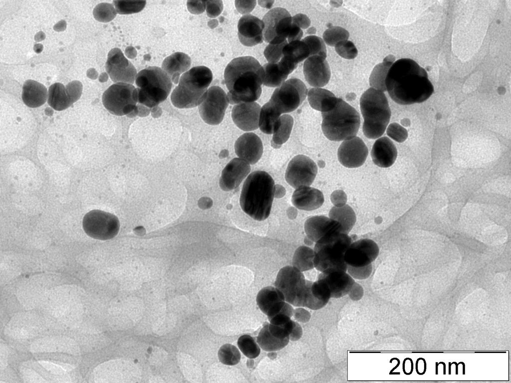 Obrázek 18: TEM snímek nanočástic stříbra připravených upravenou redukční metodou podle modifikovaného Tollensova postupu ve směsném prostředí voda ethylenglykol 4.
