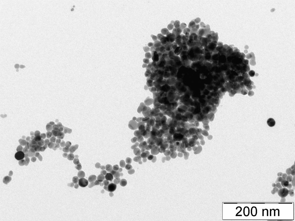 Obrázek 26: TEM snímek nanočástic stříbra připravených upravenou redukční metodou podle modifikovaného Tollensova postupu ve směsném prostředí voda dioxan 4.