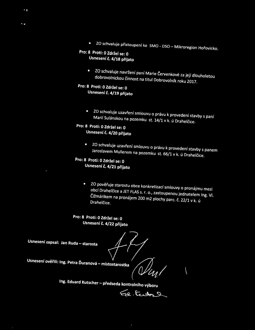 4/19 přijato ZO schvaluje uzavření smlouvu o právu k provedení stavby s paní Marií Sulánskou na pozemku st. 14/1 v k. ú Drahelčice. Usnesení č.
