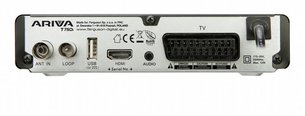 5. Přední panel 6. Zadní panel ANT IN: LOOP: HDMI: AUDIO: USB: TV: Vstup koaxiálního kabelu od antény. Wýstup pro další přijímač. To nnení modulátor.