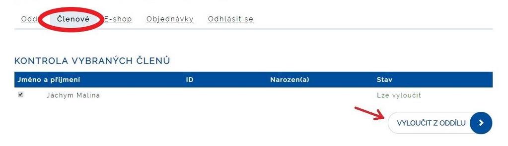 v Seznamu současných členů označte člena/y, kterého/é chcete z oddílu vyloučit zvolte Vyloučit člena Kontrola vybraných členů -