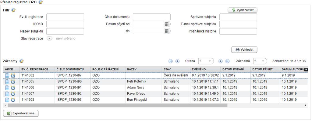 Přehled registrací OZO umožňuje vyhledávat konkrétní záznamy dle vybraných filtračních kritérií, např.