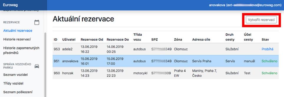 V oddílu Aktuální rezervace je možné také vytvořit standardní rezervaci pomocí tlačítka v pravém horním