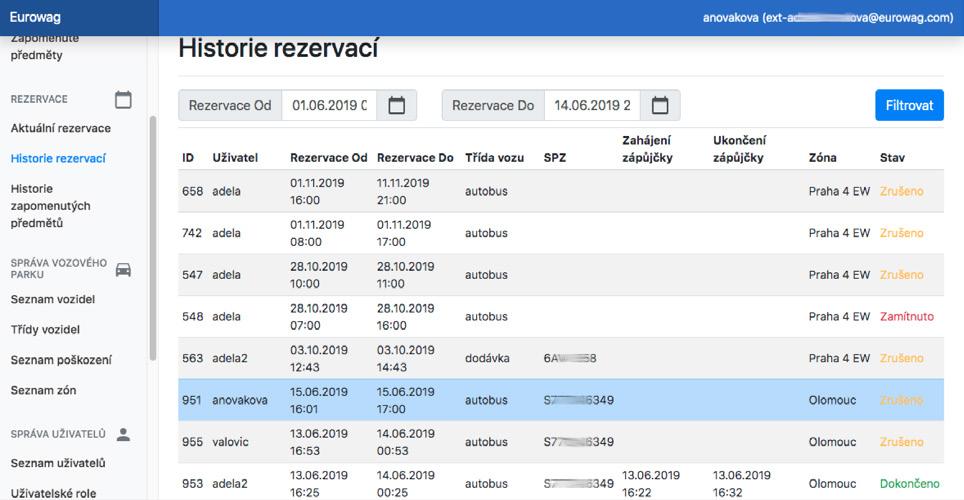 2.3.2. HISTORIE REZERVACÍ Záložka Historie rezervací obsahuje všechny standardní a servisní uživatelské rezervace ve stavu Dokončeno, Zrušeno a Zamítnuto.