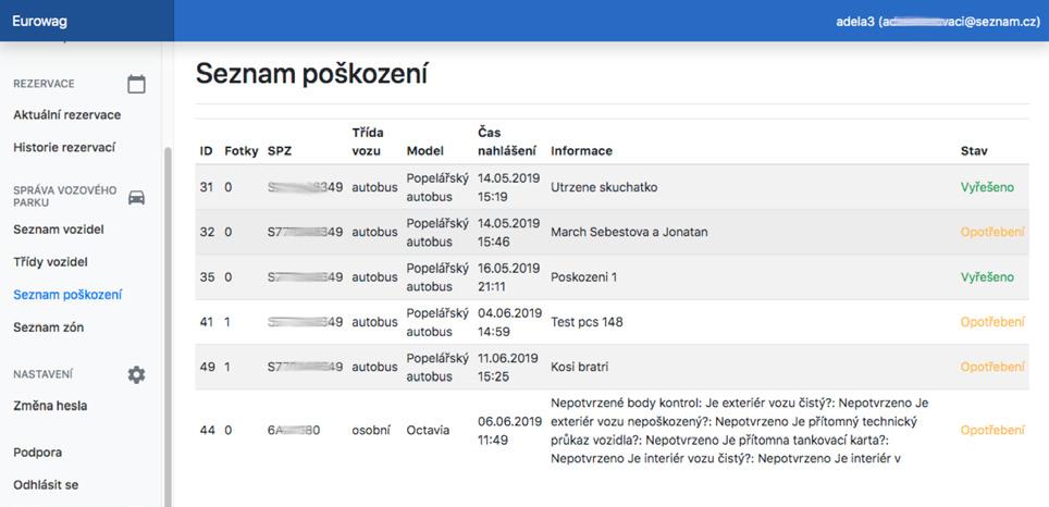 2.4.2. SEZNAM POŠKOZENÍ Záložka Seznam poškození obsahuje všechna nahlášená poškození od uživatelů ve stavu Vyřešeno nebo Opotřebení