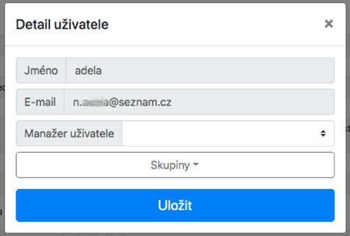 V tomto formuláři je možné jednotlivým uživatelům přiřadit v kolonce Manažer uživatele pomocí výběru z roletky jiného uživatele jako nadřízeného (schvalovatele).