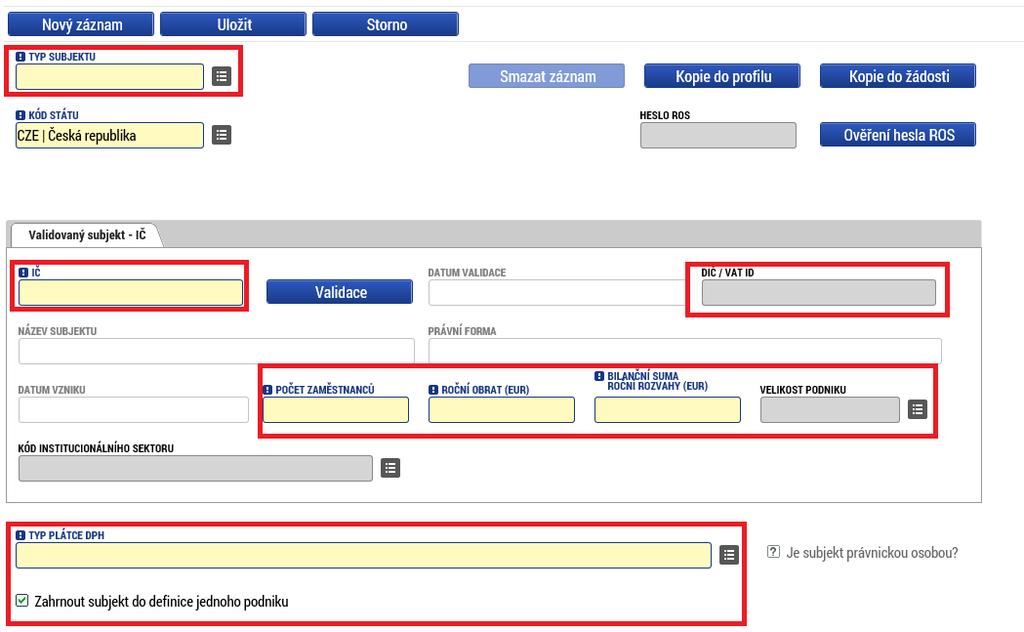 Subjekty projektu Na záložce Subjekty projektu žadatel ze seznamu vybere Typ subjektu, konkrétně pak Žadatel/příjemce. Vyplní Identifikační číslo a klikne na tlačítko Uložit.