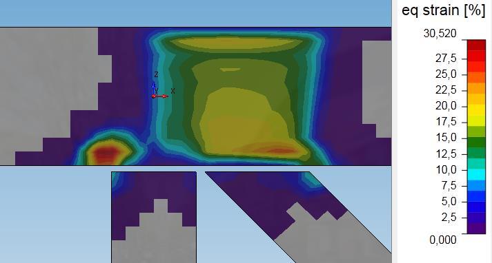 611kN. Obrázek 6 ukazuje poměrné přetvoření stěny pasu. Maximální hodnota je 30%, tedy mezní hodnota 5% je několikanásobně překročena.