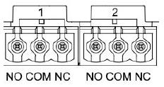 Výstupní kontakty OUT1, OUT2: Obrázek 9F: 3pólová svorkovnice OUT1 a OUT2 DConnect Box je vybaven dvěma reléovými výstupy OUT1 a OUT2.
