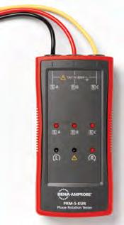 PRM-5-EUR Tester sledu fází Zobrazení sledu fází kontrolkami LED Zobrazení chybějícího nebo nesprávně připojeného fázového vodiče Rychlá detekce sledu fází u třífázového napájení Rozsah napětí od 100
