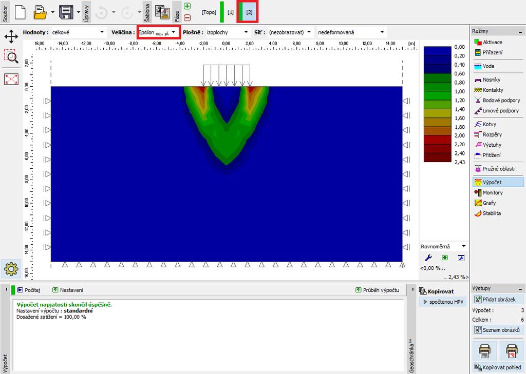 Výpočet 2. fáze budování ekvivalentní poměrné plastické přetvoření % eq., pl. Fáze budování 3: odtížení povrchu terénu V dalším kroku přidáme 3. fázi budování.