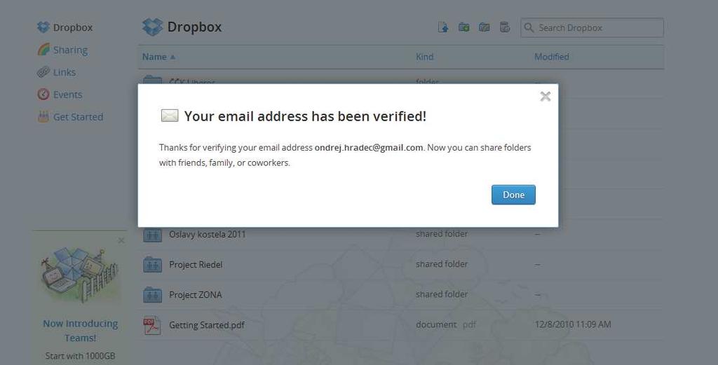 12) Ihned poté se podívejte do svého e-mailu. Budete tam mít zprávu od Dropboxu, která bude vypadat přibližně takto. Stačí kliknnout na nápis Verify your email adress.
