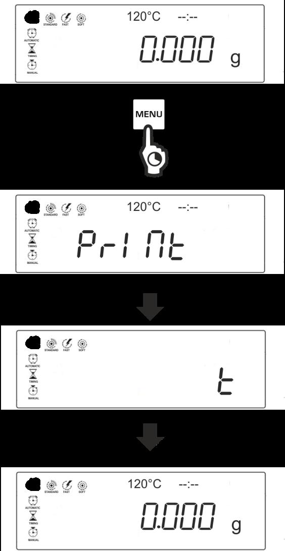 Aktivace nepřetržitého datového přenosu Tak dlouho přidržujte stisknuté tlačítko (při indikaci <PRINT> přidržujte nadále stisknuté), až se zobrazí indikace <t>.