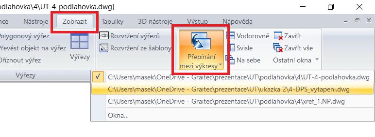 Možnost přepínání mezi výkresy pomocí ikony z pásů karet. Ikonu pro přepínání mezi výkresy si můžete také umístit na panel pro rychlý přístup.