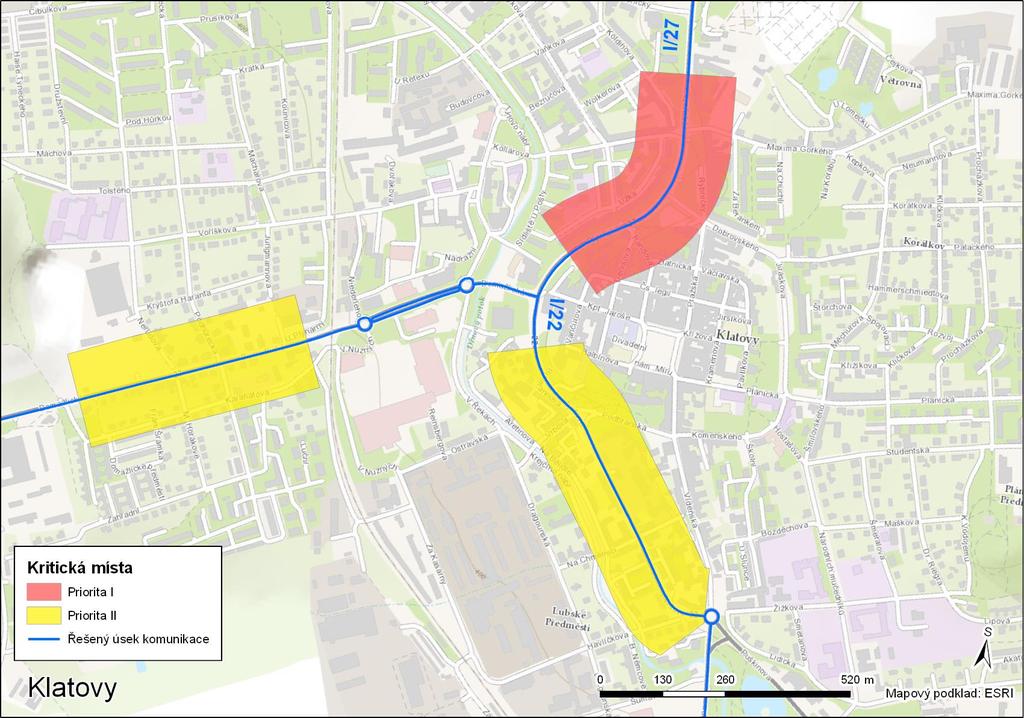 Obr. 11: Situace kritických míst v Klatvech s blastí pririty