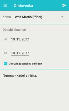 Elektronická omluvenka rodič či zletilý žák může vytvořit a zaslat třídnímu učiteli elektronickou omluvenku na vybrané dny či jen na konkrétní hodiny, kdy došlo nebo dojde k absenci.