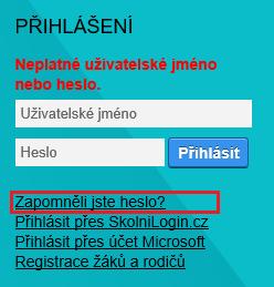 6.1.1 Problémy s přihlašováním do aplikace Pokud má uživatel s rolí "zákonný zástupce" nebo "žák/student" problémy s přihlášením do aplikace (nefunguje heslo, zapomenutí přihlašovacích údajů,