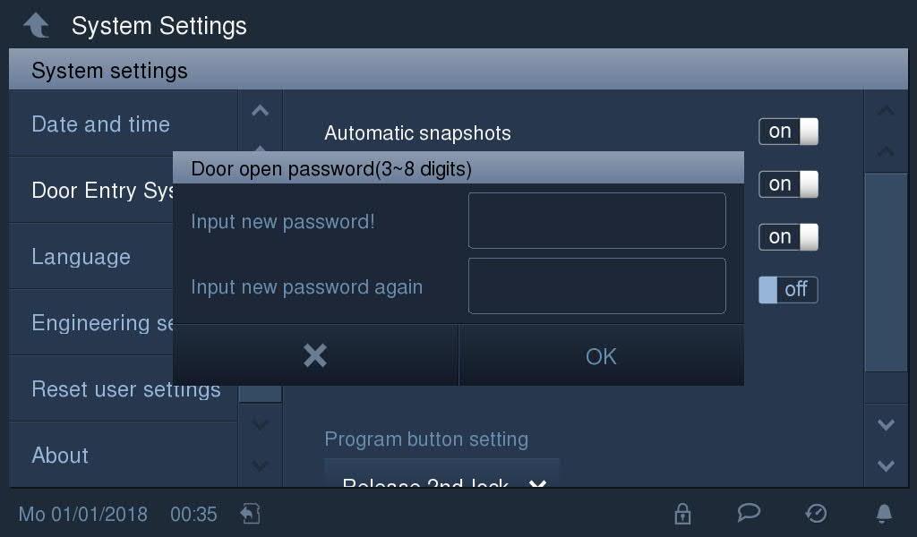8.10 Heslo pro odemknutí Na obrazovce Nastavení systému - Systém záznamu u dveří" přepínacím tlačítkem aktivujte/deaktivujte tuto funkci.
