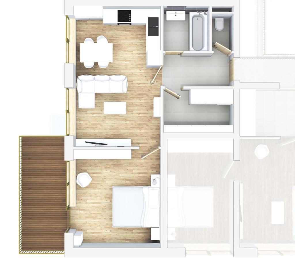 koupelny oddělena. Kuchyně bytu je spojena s jídelnou a prostorným obývacím pokojem. Okna bytu jsou orientována na severozápad.