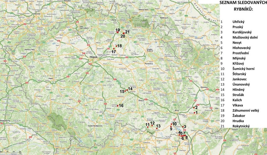 SLEDOVANÉ RYBNÍKY NAZV QK1810161 1 Uhřický - 49.1679531N, 17.0665097E 2 Pruský - 49.2668494N, 17.0646214E 3 Kurdějovský - 48.9348456N, 16.7770886E 4 Mušlovský dolní - 48.7955000N, 16.