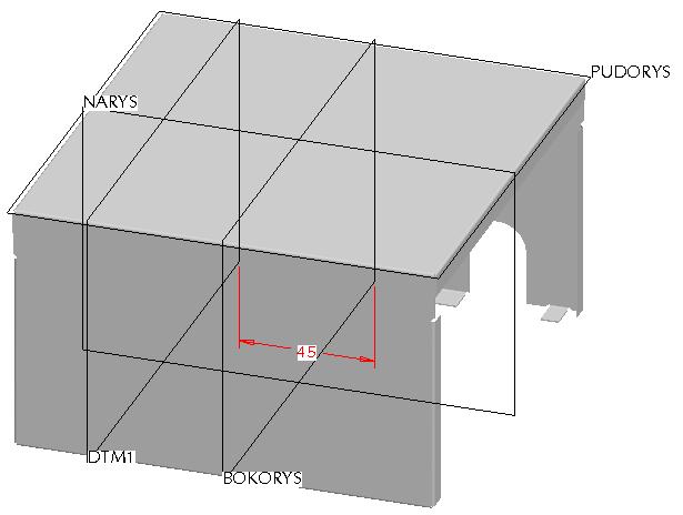 101. Vytvořte pomocnou rovinu DTM1 ve vzdálenosti 45mm