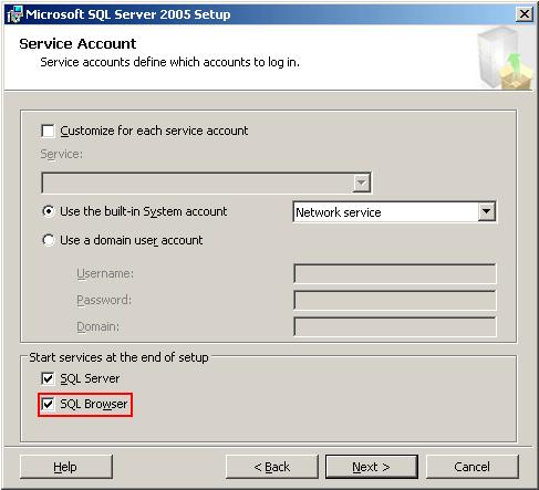 Service account Zašktněte SQL Browser ke spuštění na konci instalace.