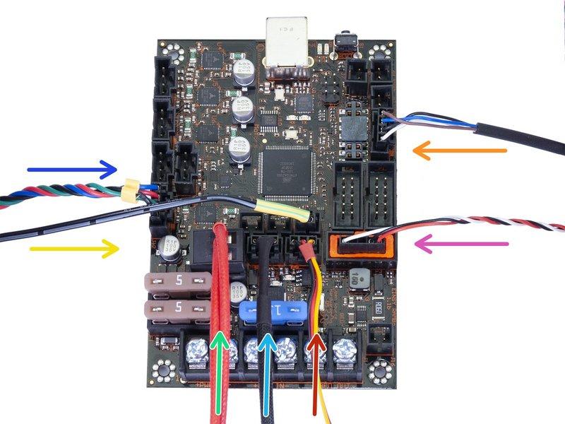 Step 35 Zapojení kabelového svazku z Extruderu Zapojte zbývající kabely z Extruderu Napájení topení na trysce (červený kabel