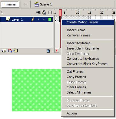 Klikneme pravým tlačítkem do některého z šedých snímků mezi prvním a posledním a v kontextovém menu vybereme Create Motion Tween: Tím je Flashi řečeno, že vše, co s objektem provedeme v prvním či