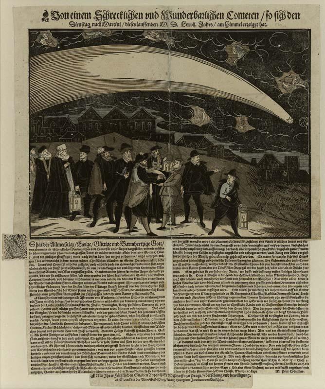 Obr.č. 20. - Zachycení komety r. 1577 nad Prahou Obr.č.21. - Zachycení komety r. 1577 Dřevoryt- Georgium Jacobum von Daschitzsky O hrozné a předivné kometě, kteras spatřena byla na obloze (zdroj obr.