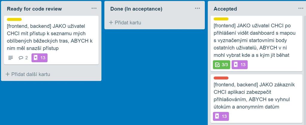 Obrázek č.2 Příklady user stories v backlogu (Autoři, 2018) Na obrázku vidíme user stories v backlogu, každá user stories zde je obodovaná pracností 13 (nepovinný prvek), na které se shodnul celý tým.