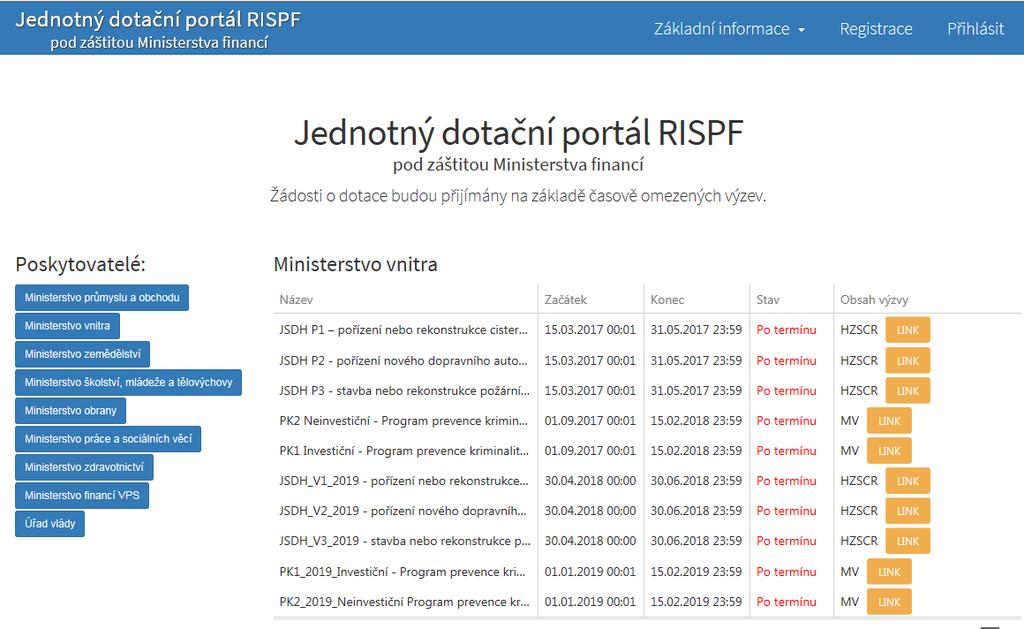 Úvodní stránka portálu: https://isprofin.mfcr.cz/rispf V případě, že jste někdy žádali o dotaci prostřednictvím tohoto portálu např.