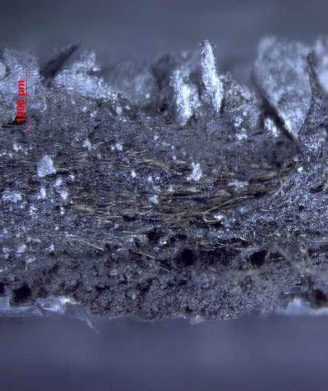 Mikrofotografie asfaltového pásu 1./ Velmi hmotná výztužná vložka polyesterová rohož, není zcela komprimovaná a prosycená asfaltem, 2.