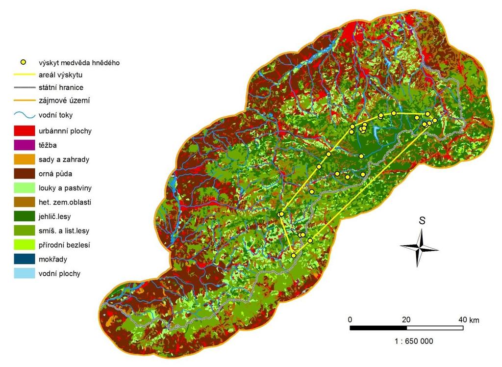 Příloha č. 9 Mapa výskytu medvěda hnědého Zdroj: ARCČR, CORINE Land Cover 2006, Kutal (2010) Příloha č.