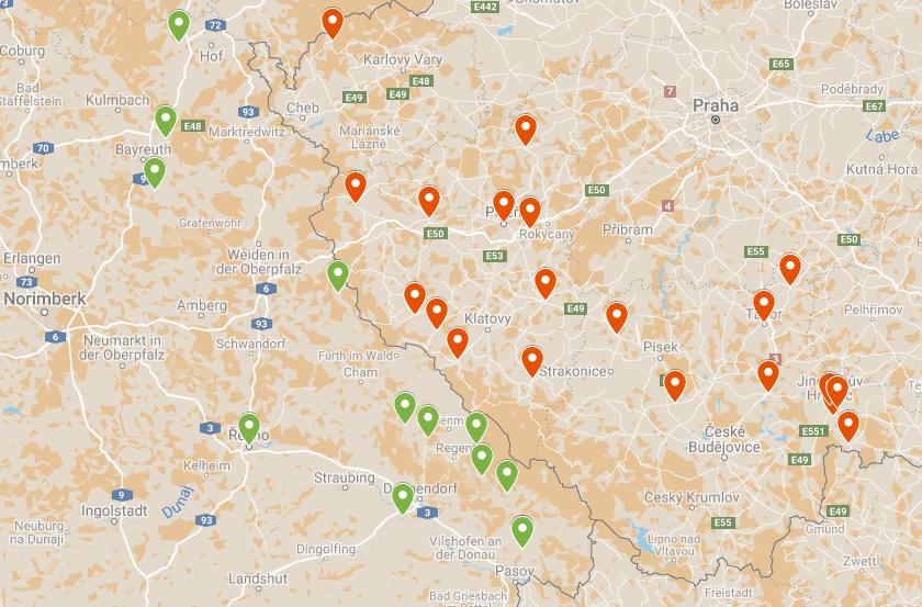 Všeobecné informace o podniku Obrázek 1: Mapa sídel dotazovaných podniků v české a bavorské části území.