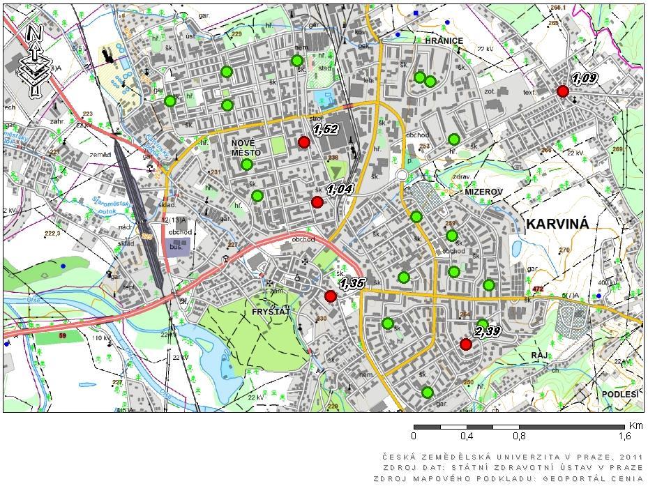 Mapa překročení hodnoty benzo(a)antracenu v půdě představující zdravotní riziko v městské Limity
