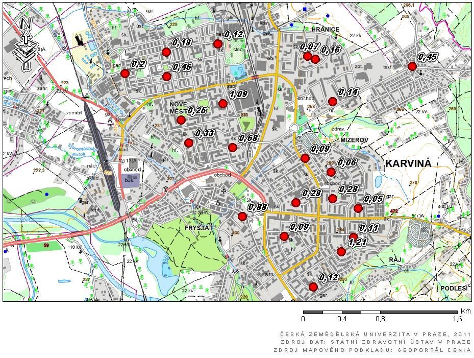 Mapa překročení hodnoty chrysenu v půdě představující