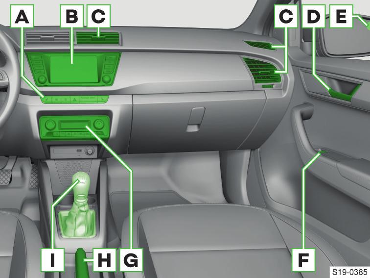 multifunkčním volantu» strana 46 G Analogový panel přístrojů» strana 45 H I J K Ovládací páčky: Stěrače a ostřikovače» strana 41 Informační systém» strana 46 Podle výbavy: Spínací skříňka» strana 94