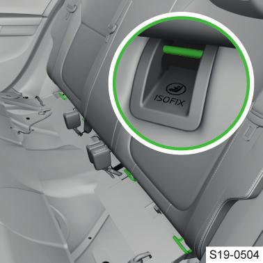 26 Sedadla, volant a zrcátka Hlavové opěrky Nasaďte sedák na upevňovací oka systému ISOFIX tak, aby oka dosedla do výřezů v plastových krytkách.