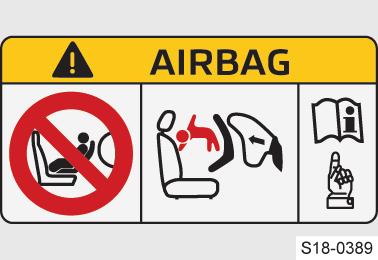 30 Zádržné systémy a airbagy Dětská autosedačka Na to upozorňují také následující nálepky. Nálepka na sluneční cloně spolujezdce. Nálepka na prostředním sloupku karoserie na straně spolujezdce.
