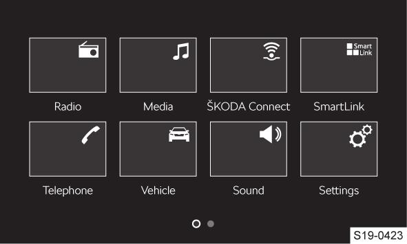 68 Infotainment Amundsen Systém Zobrazení do mřížky Horizontální zobrazení Omezení Z bezpečnostních důvodů není možné některé funkce infotainmentu během jízdy ovládat, nebo je jejich používání