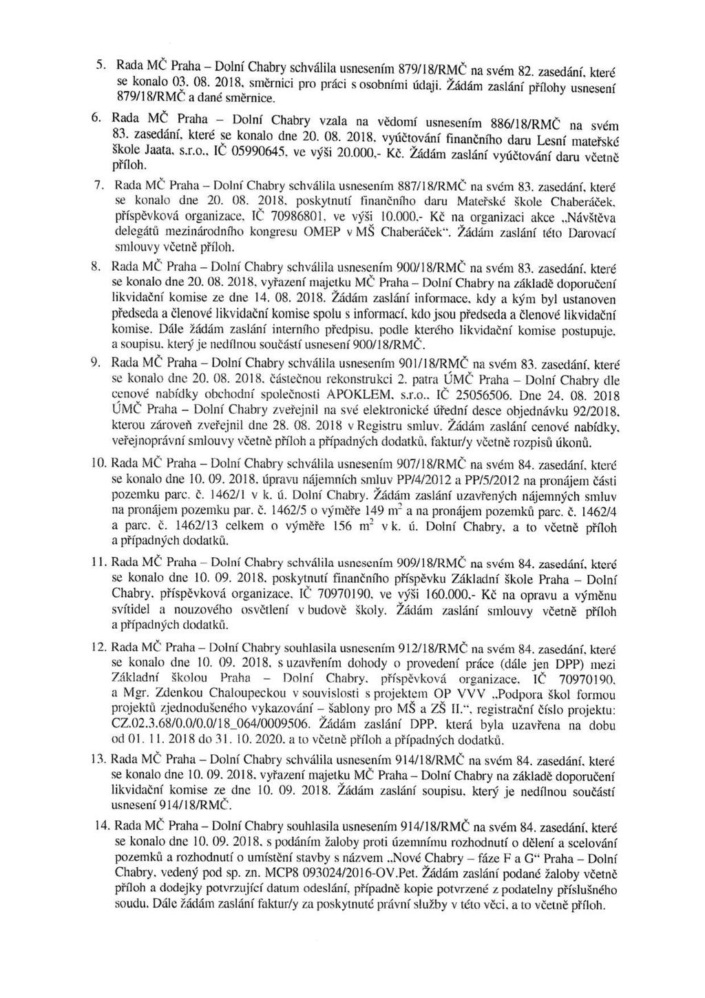 5. Rada MČ Praha - Dolní Chabry schválila usnesením 879/18/RMČ na svém 82. zasedání. které se konalo 03. 08. 2018. směrnici pro práci s osobními údaji.
